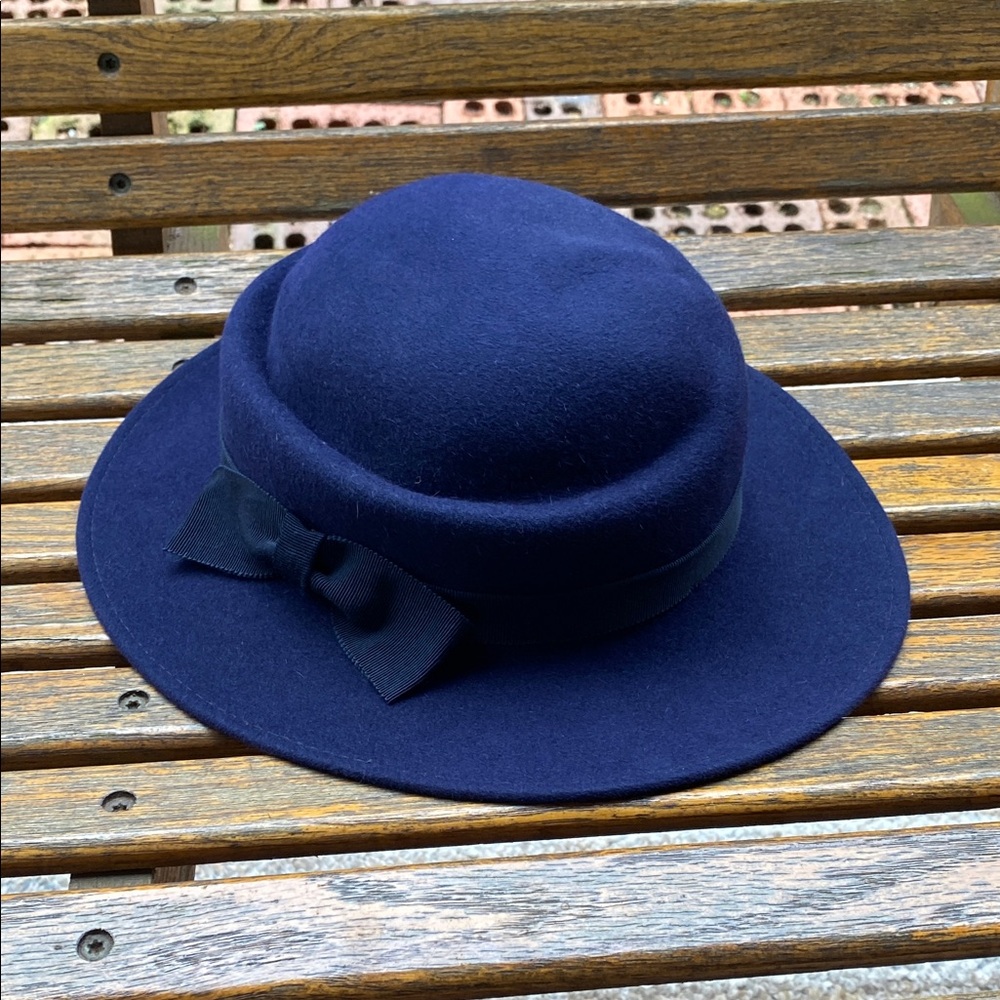 Navy Blue Wool Hat with black Bow 841N